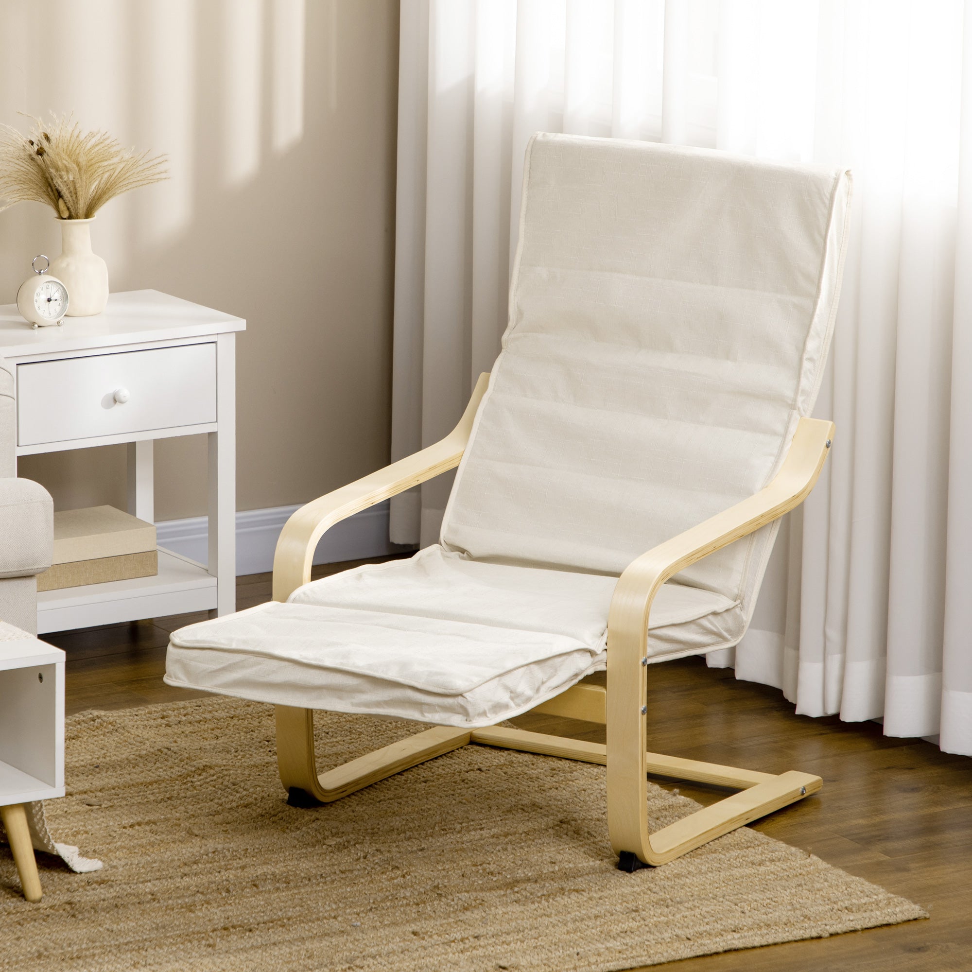 HOMCOM Wooden Armchair, Upholstered Linen Lounge Chair with Adjustable Footrest & Removable Cushion, Poang Chair for Living Room, Cream White
